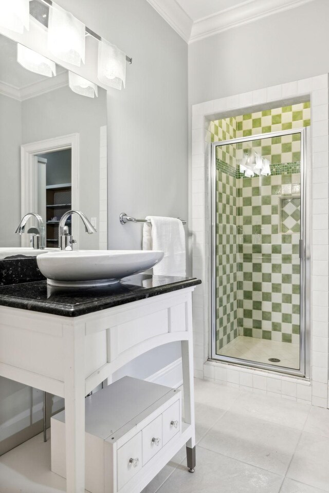 2971 Spanntown Rd, Arrington, TN 37014 - bathroom with a shower stall, crown molding, tile patterned flooring, and vanity