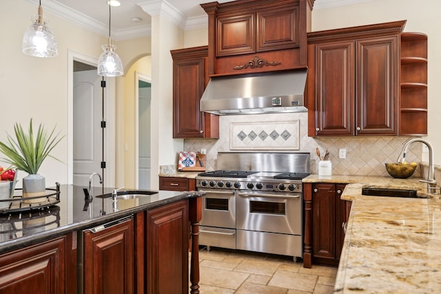 kitchen featuring sink, double oven range, light stone counters, ornamental molding, and exhaust hood