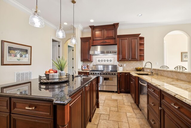 2971 Spanntown Rd, Arrington, TN 37014 - kitchen featuring appliances with stainless steel finishes, extractor fan, a sink, arched walkways, and tasteful backsplash