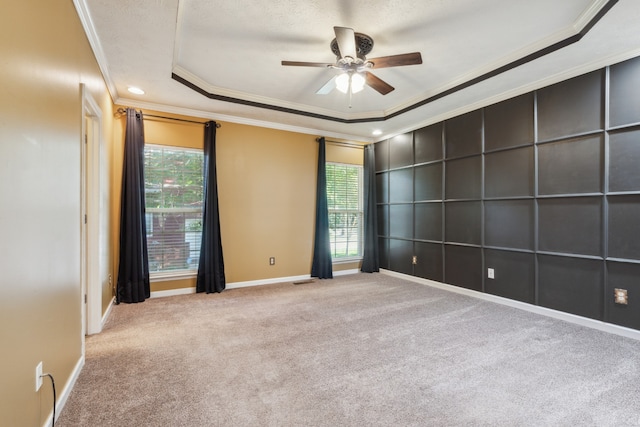 carpeted spare room featuring ornamental molding, a tray ceiling, and ceiling fan