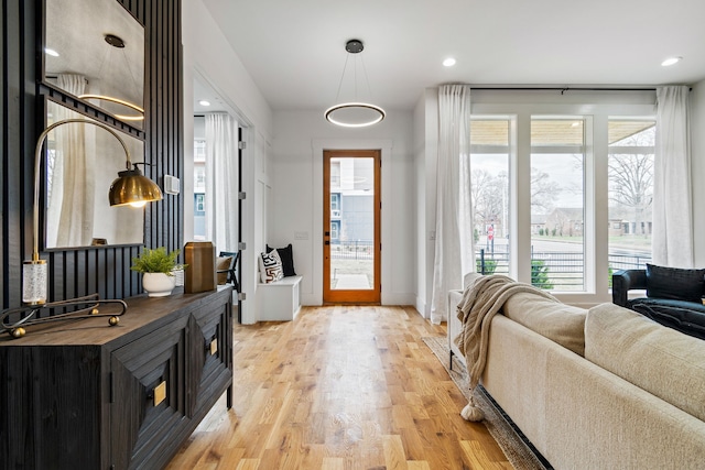 foyer entrance with light hardwood / wood-style floors