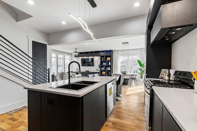 kitchen with sink, light wood-type flooring, stainless steel appliances, pendant lighting, and a center island with sink