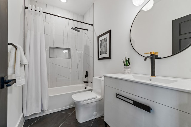 full bathroom featuring vanity, shower / bath combo, toilet, and tile patterned floors