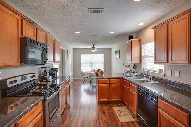 kitchen with black appliances, sink, plenty of natural light, and dark hardwood / wood-style flooring