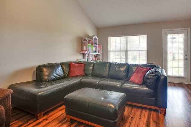 living room featuring dark hardwood / wood-style flooring and vaulted ceiling