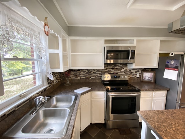 kitchen with white cabinetry, sink, appliances with stainless steel finishes, ornamental molding, and tasteful backsplash