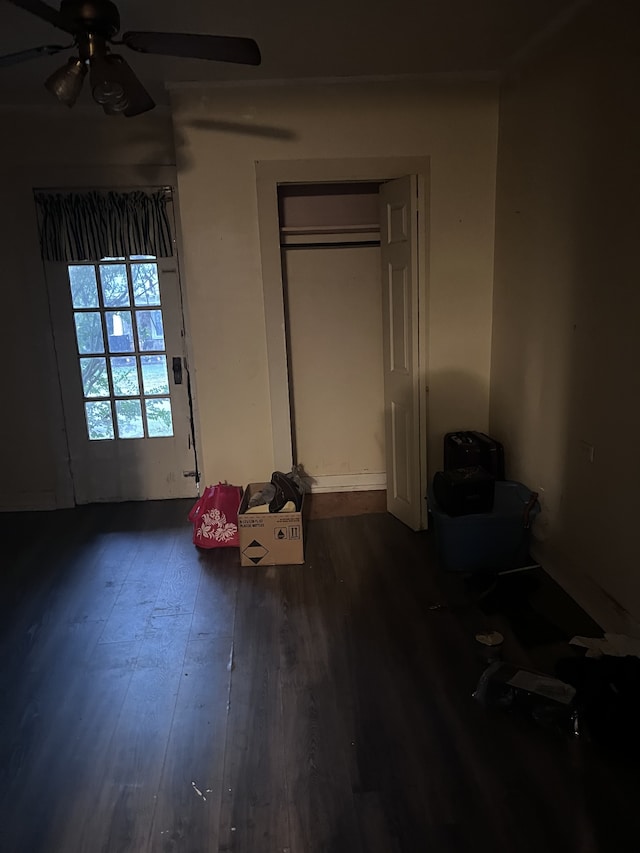 bedroom featuring dark wood-type flooring, ceiling fan, and a closet