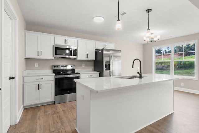 kitchen with sink, hanging light fixtures, a center island with sink, stainless steel appliances, and white cabinets