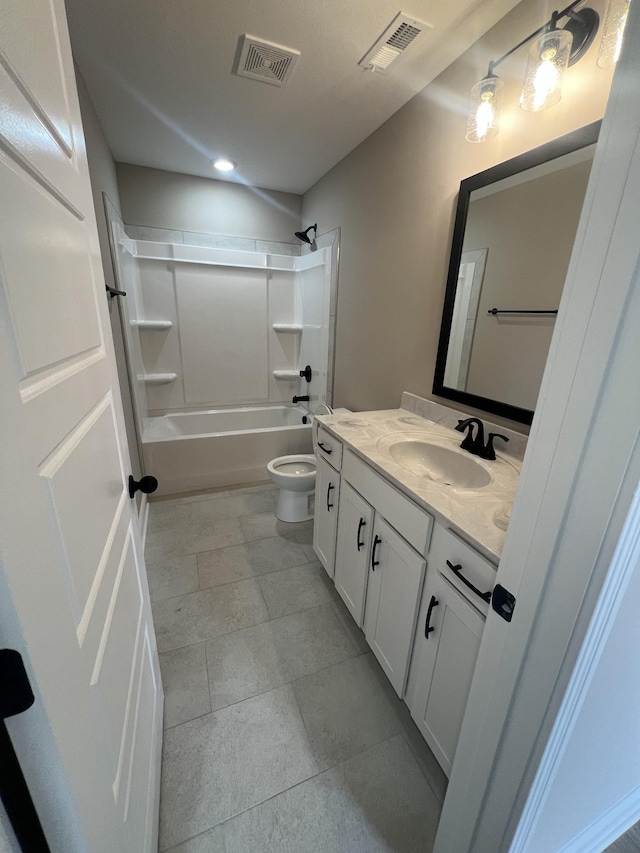 bathroom featuring washtub / shower combination, visible vents, vanity, and toilet