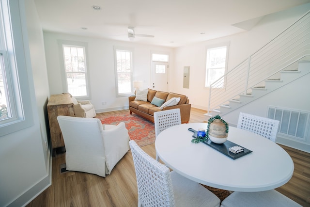 living room featuring electric panel, light wood-type flooring, and ceiling fan