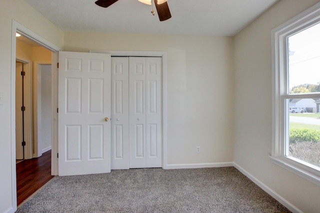 unfurnished bedroom featuring multiple windows, a closet, and carpet flooring