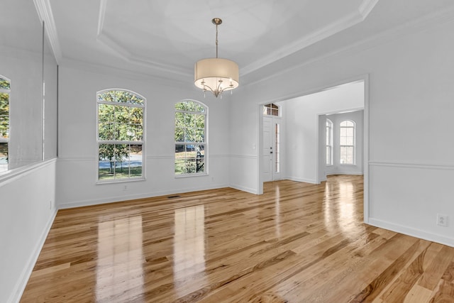 unfurnished room featuring ornamental molding, a tray ceiling, and light wood-type flooring