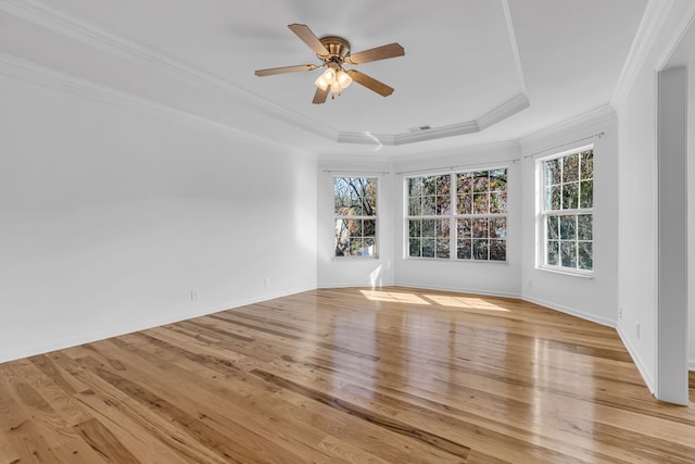 spare room featuring a raised ceiling, crown molding, plenty of natural light, and light wood-type flooring