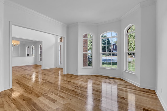 spare room featuring light hardwood / wood-style flooring, crown molding, and a wealth of natural light