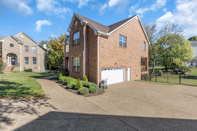 view of property exterior featuring a garage and a lawn