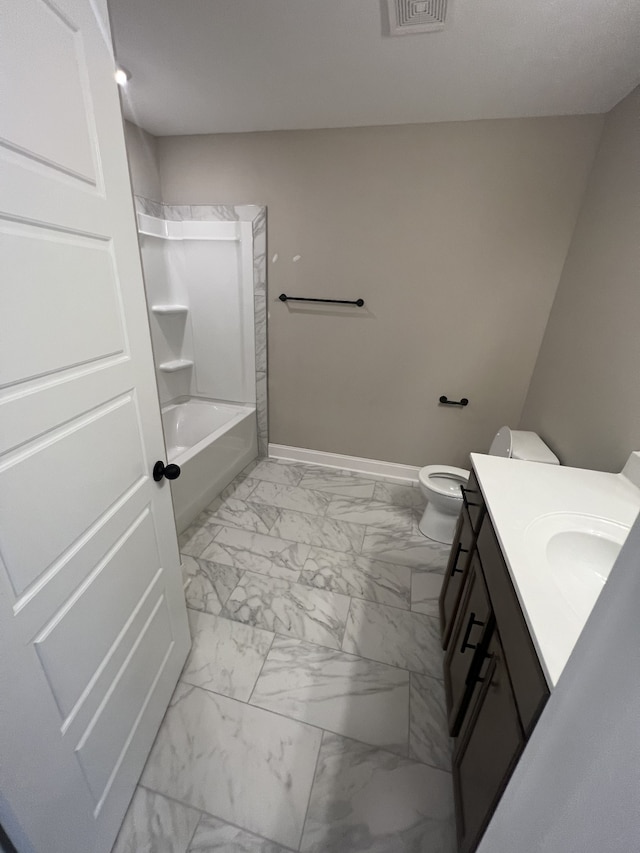 full bathroom featuring vanity, shower / bathtub combination, and toilet