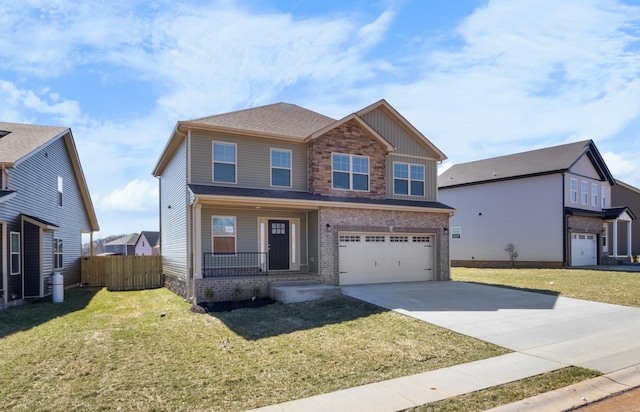 view of front facade featuring a porch, concrete driveway, a front yard, fence, and a garage