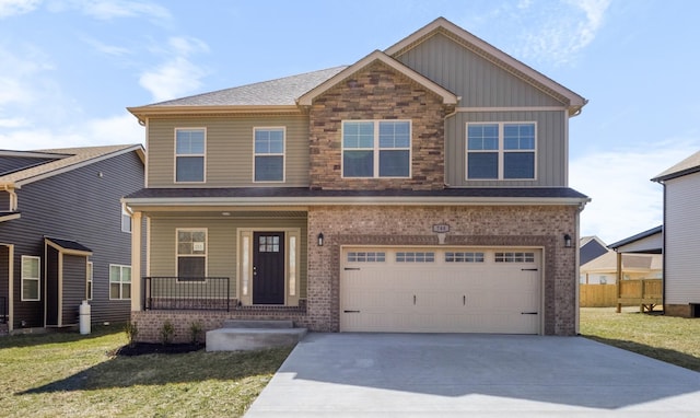 view of front of property with a porch, board and batten siding, a garage, stone siding, and driveway