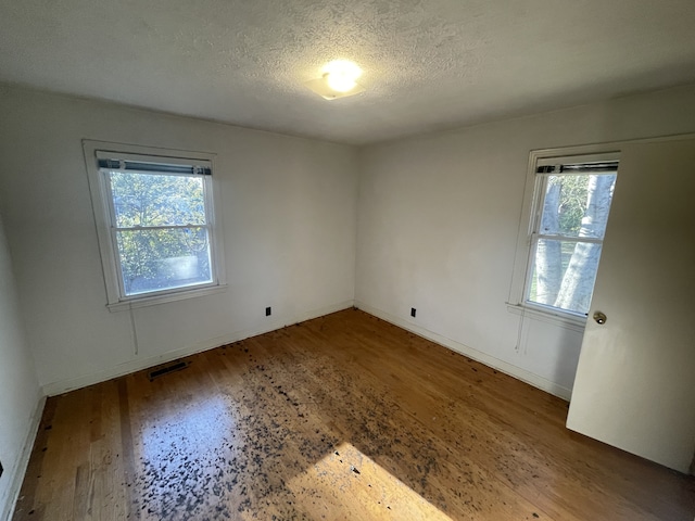 spare room featuring a textured ceiling, a healthy amount of sunlight, and wood-type flooring