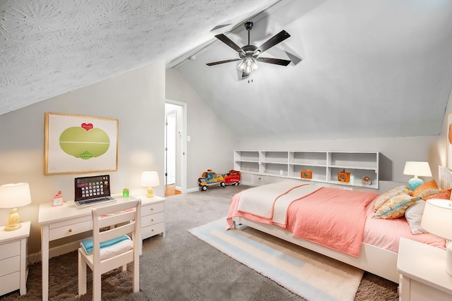 bedroom with ceiling fan, carpet, lofted ceiling, and a textured ceiling