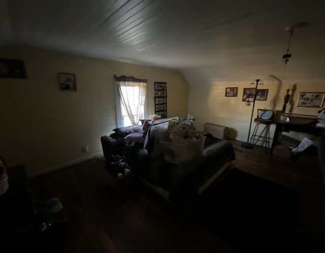 living room with wood-type flooring and vaulted ceiling