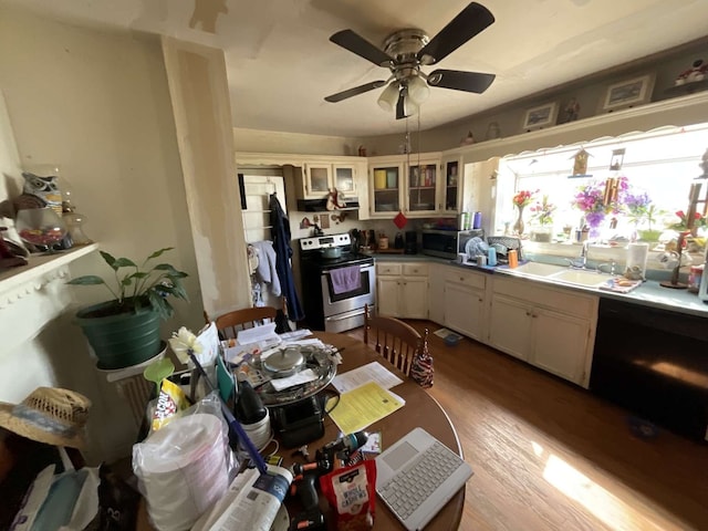 kitchen with white cabinets, ceiling fan, appliances with stainless steel finishes, light wood-type flooring, and sink