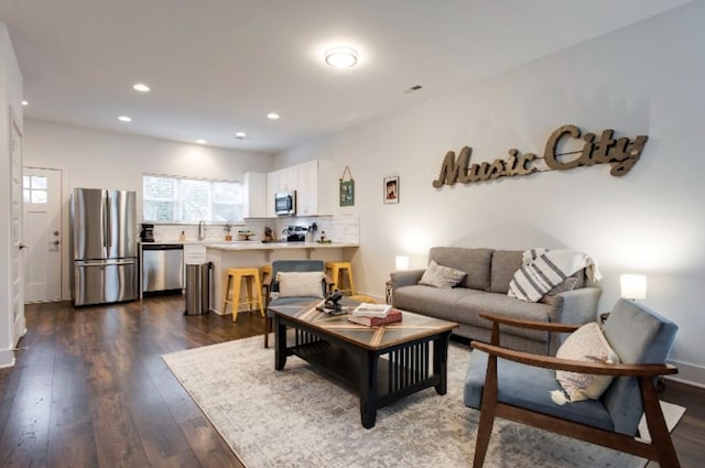 living room featuring sink and dark wood-type flooring