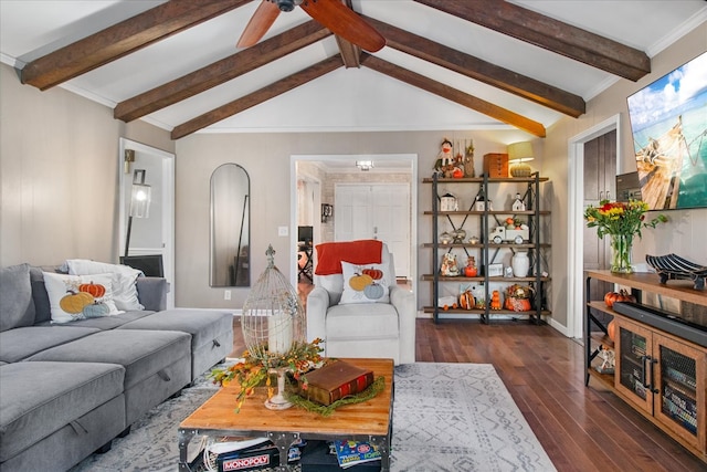 living room with ornamental molding, dark wood-type flooring, and vaulted ceiling with beams