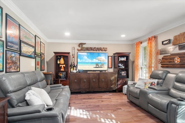 living room with ornamental molding and light wood-type flooring