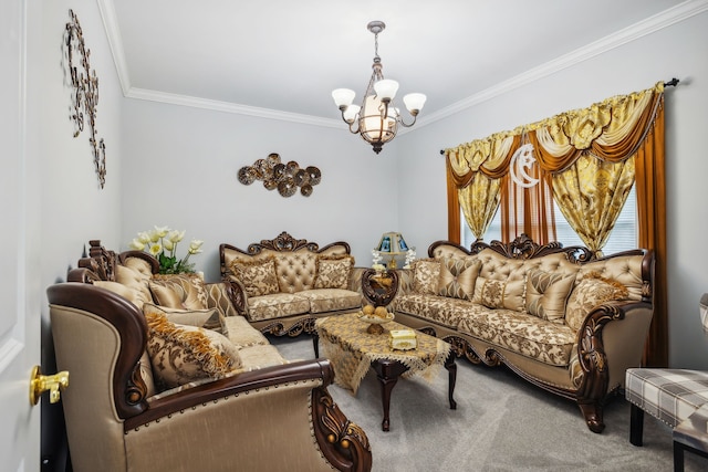 living room featuring crown molding, carpet, and a chandelier