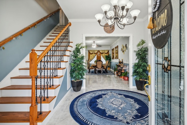 interior space featuring tile patterned floors, ornamental molding, and an inviting chandelier