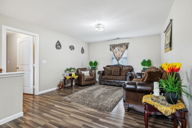 living room featuring dark wood-type flooring