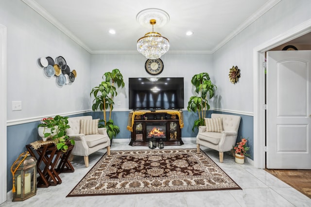 living area featuring ornamental molding and a chandelier