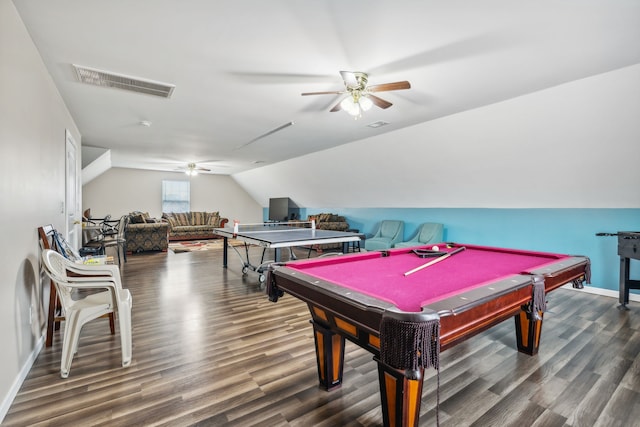 recreation room featuring ceiling fan, wood-type flooring, lofted ceiling, and billiards