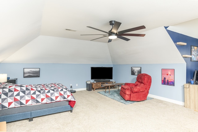 bedroom with carpet, lofted ceiling, and ceiling fan