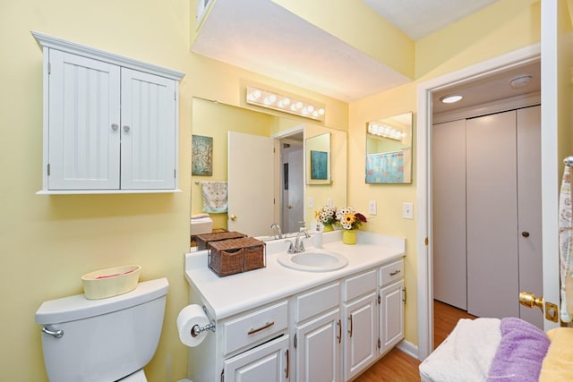 bathroom with vanity, toilet, and wood-type flooring