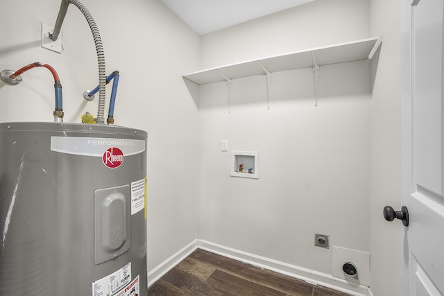 laundry area featuring dark wood-type flooring, electric dryer hookup, electric water heater, and hookup for a washing machine