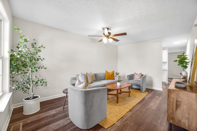 living room with dark wood-type flooring, ceiling fan, and a textured ceiling