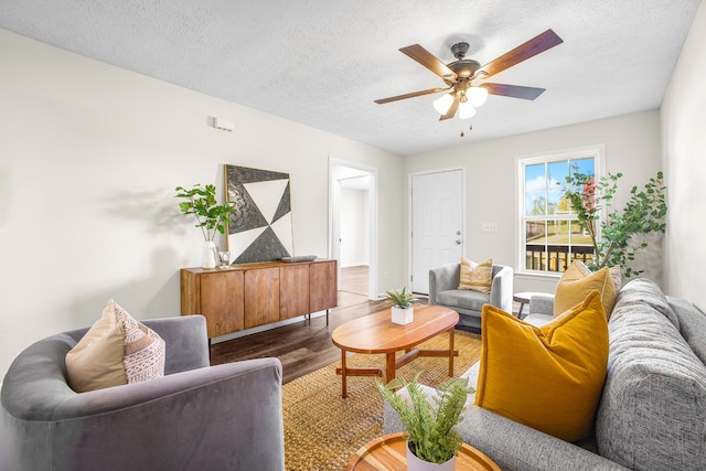 living room with hardwood / wood-style floors, a textured ceiling, and ceiling fan