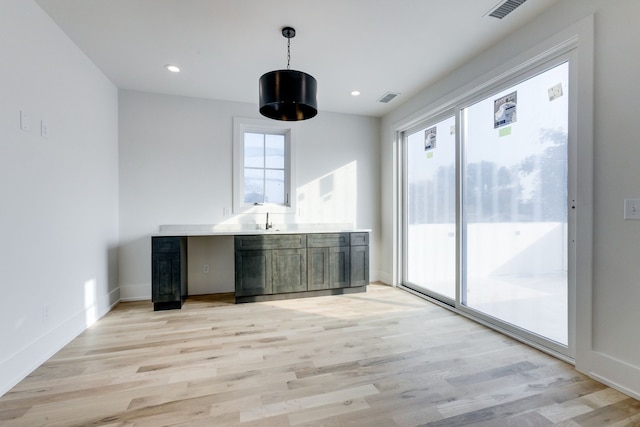 interior space featuring light hardwood / wood-style floors, sink, and hanging light fixtures