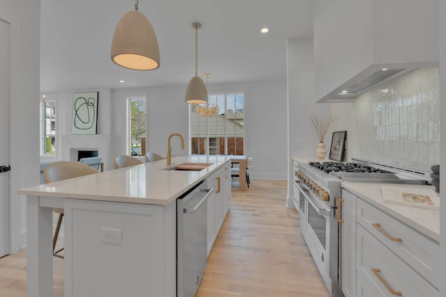 kitchen featuring light wood-type flooring, stainless steel appliances, white cabinetry, and a kitchen island with sink