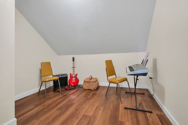 sitting room with vaulted ceiling and hardwood / wood-style flooring