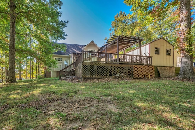 view of yard featuring a pergola and a wooden deck