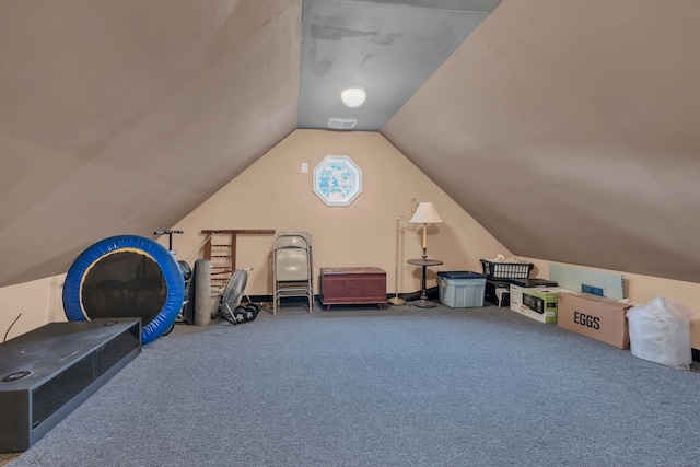 interior space with carpet and vaulted ceiling