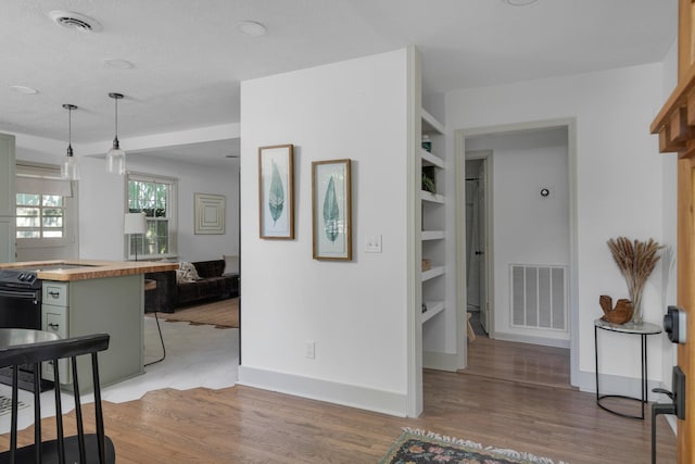 hallway with hardwood / wood-style flooring and built in features