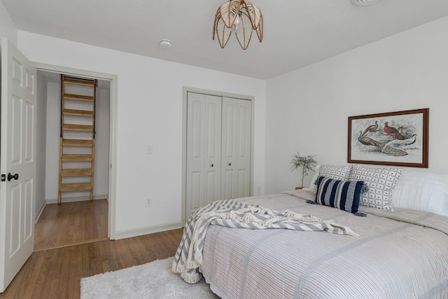 bedroom with hardwood / wood-style floors and a closet