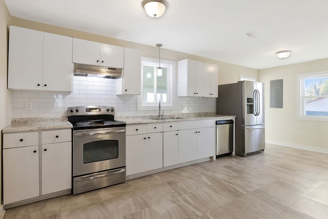 kitchen featuring backsplash, appliances with stainless steel finishes, sink, and white cabinets