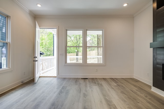 interior space featuring ornamental molding, light hardwood / wood-style flooring, and a fireplace