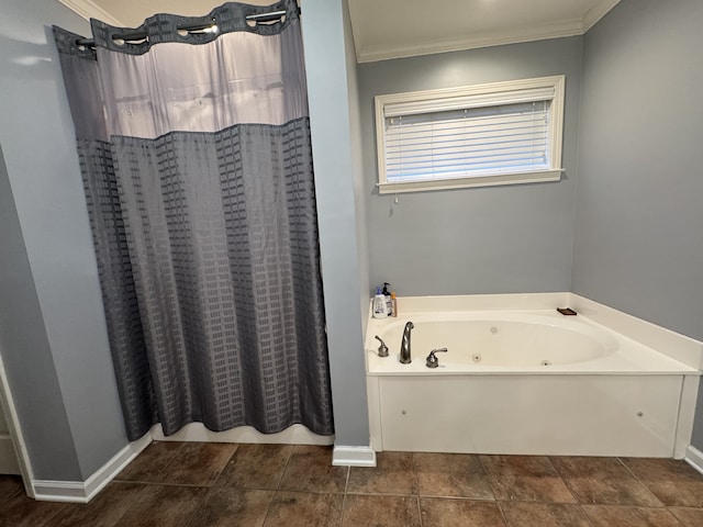 bathroom featuring crown molding and shower with separate bathtub