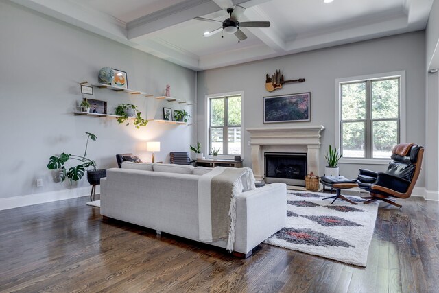 living room featuring dark hardwood / wood-style flooring, coffered ceiling, beam ceiling, and plenty of natural light